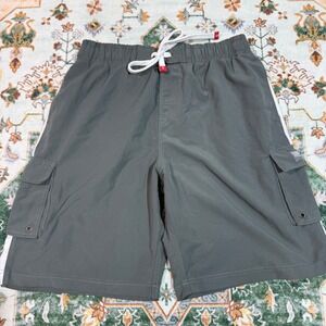 Surf Mentality Men's Gray‎ Swim Trunks Cargo Pockets White Stripe Drawstring M